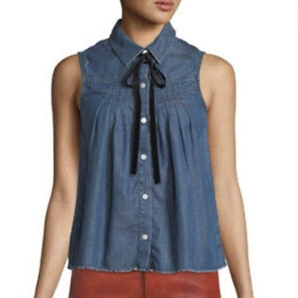 $235 New Frame Tie Neck Denim Sleeveless Shirt - Tencel Cotton Linen - Medium